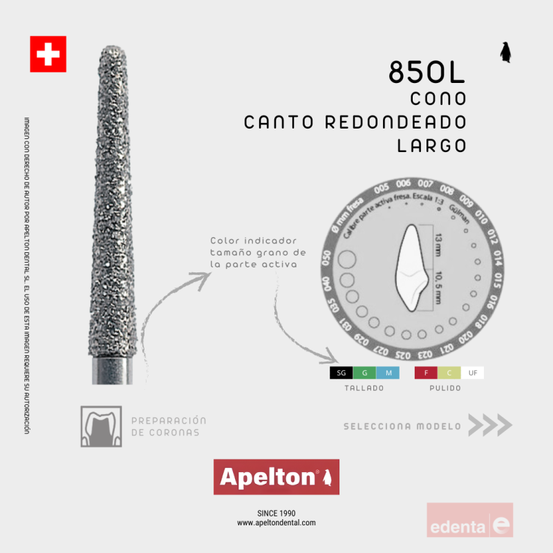 FRESA CÓNICA LARGA CANTO REDONDEADO 850L EDENTA